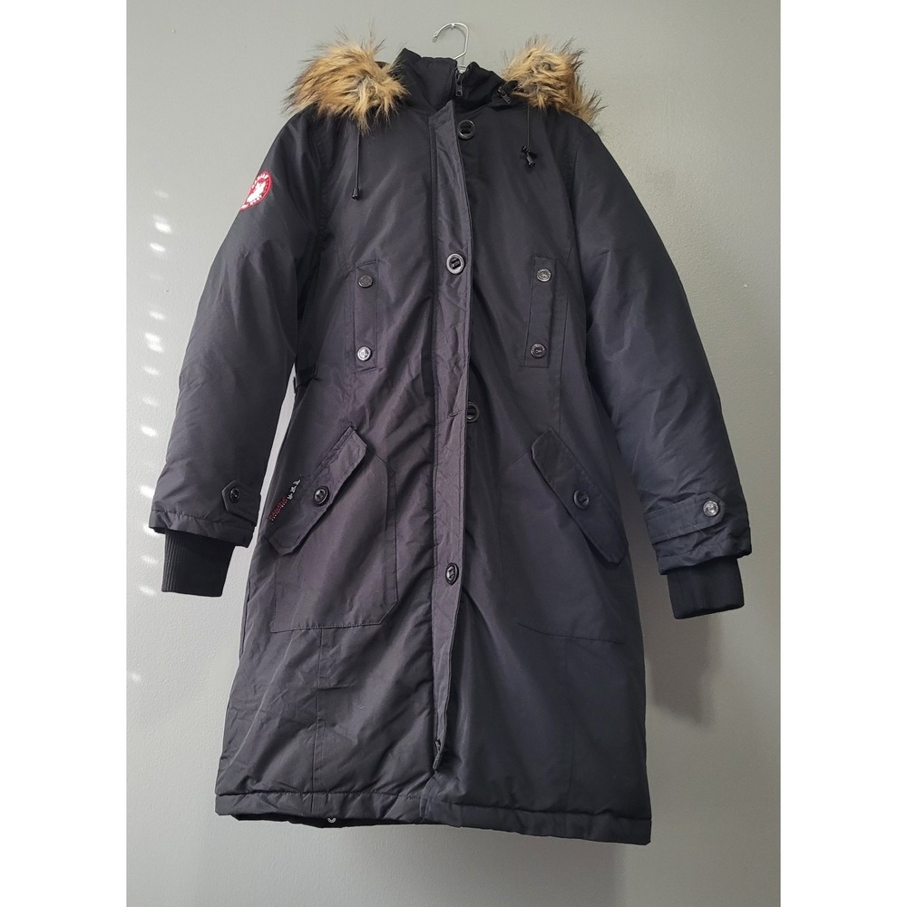 Canada Weather Gear‎ Women's Long Parka Size L Black w Brown Faux-Fur Trim Hood